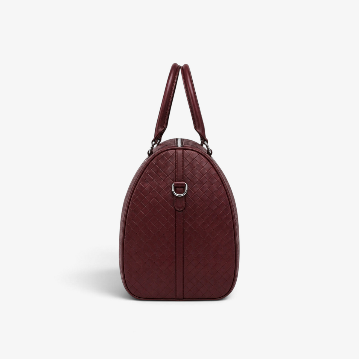 VAGOSHOPS Rocco duffle bag in deep cranberry embossed woven leather with silver-tone hardware, side view.