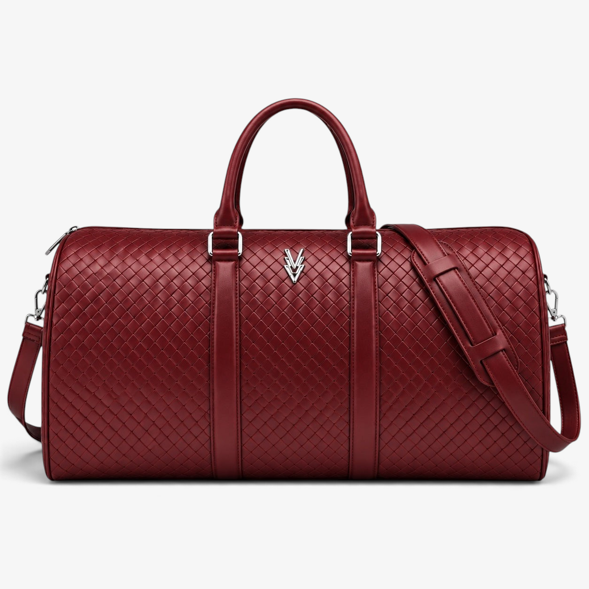 VAGOSHOPS Rocco deep cranberry leather duffle bag with embossed woven texture and polished silver-tone hardware.
